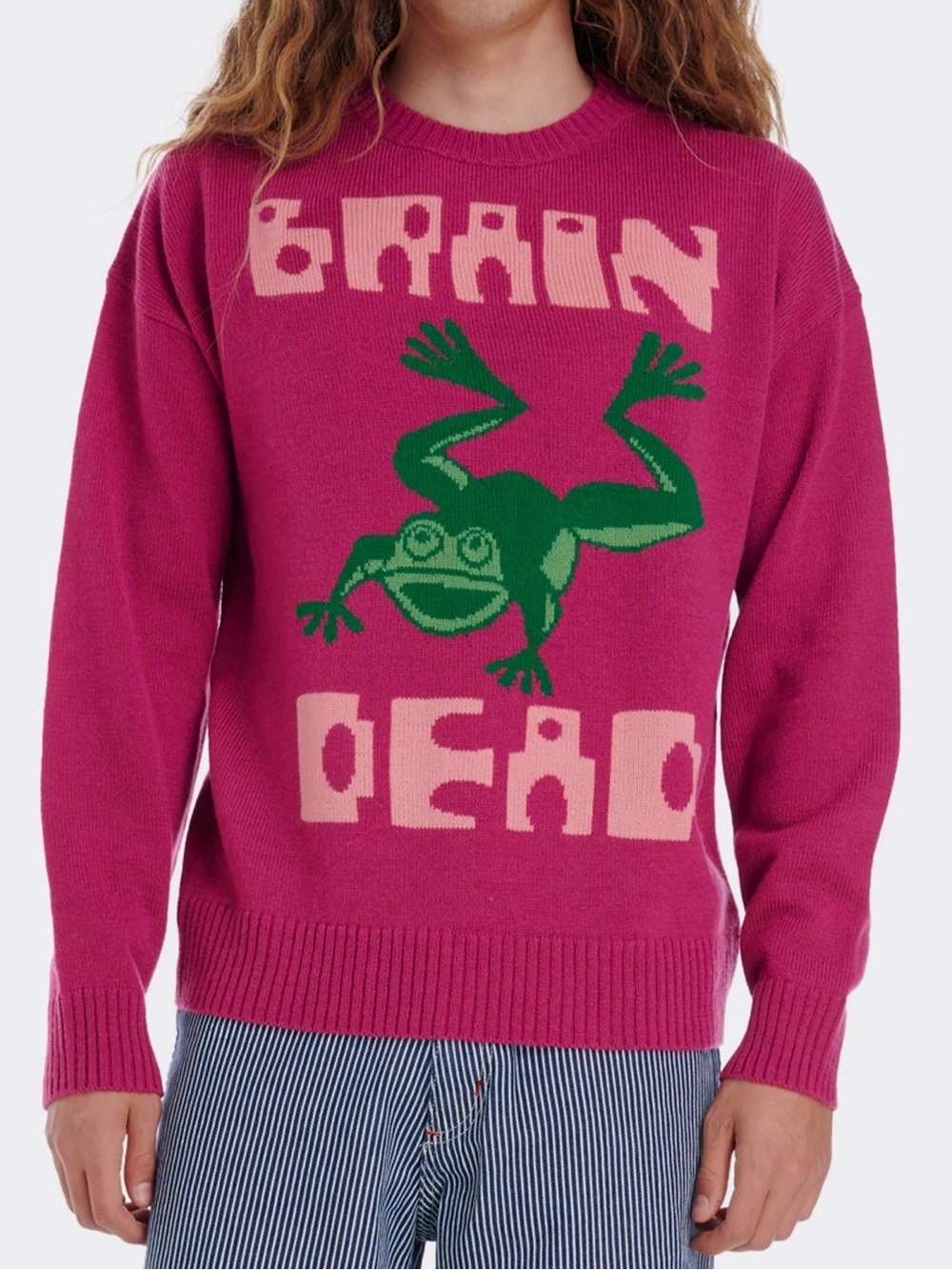 Brain Dead Rare Graphic Knit Wool Blend Frogger Sweater in Fuchsia - Size XL